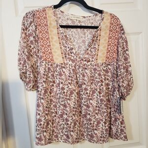 Lucky Brand White And Pink Puff Sleeve Blouse, M